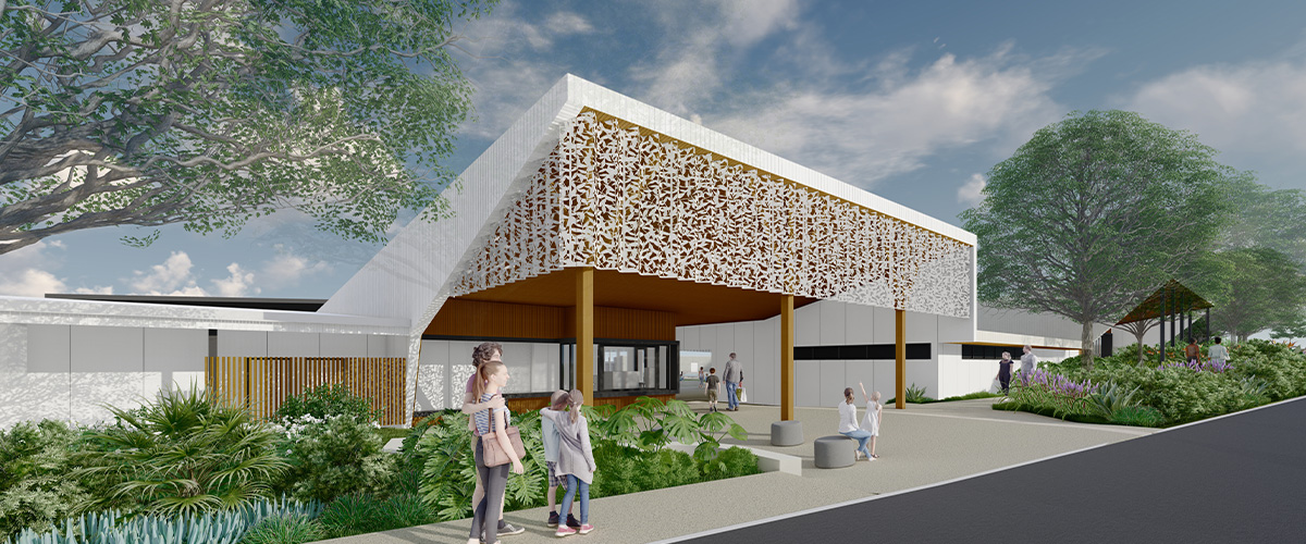 Artist impression of the new Beenleigh Aquatic Centre white facade with two people walking in front